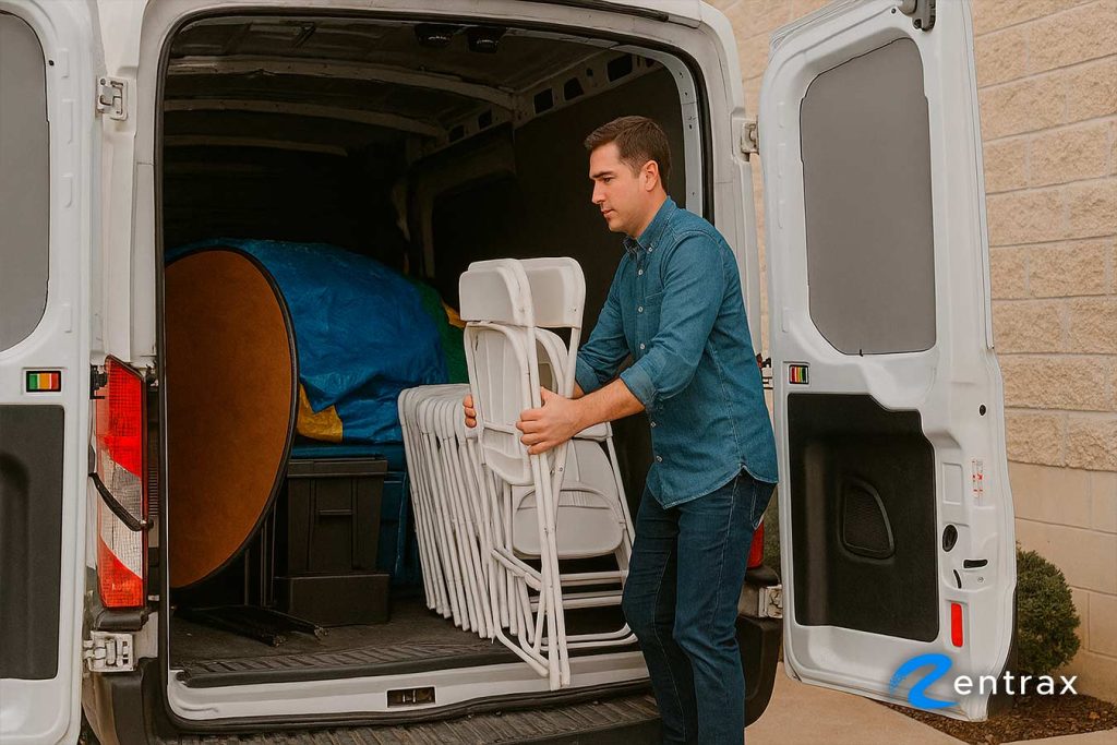 Party and event rental business logistics, delivery and storage