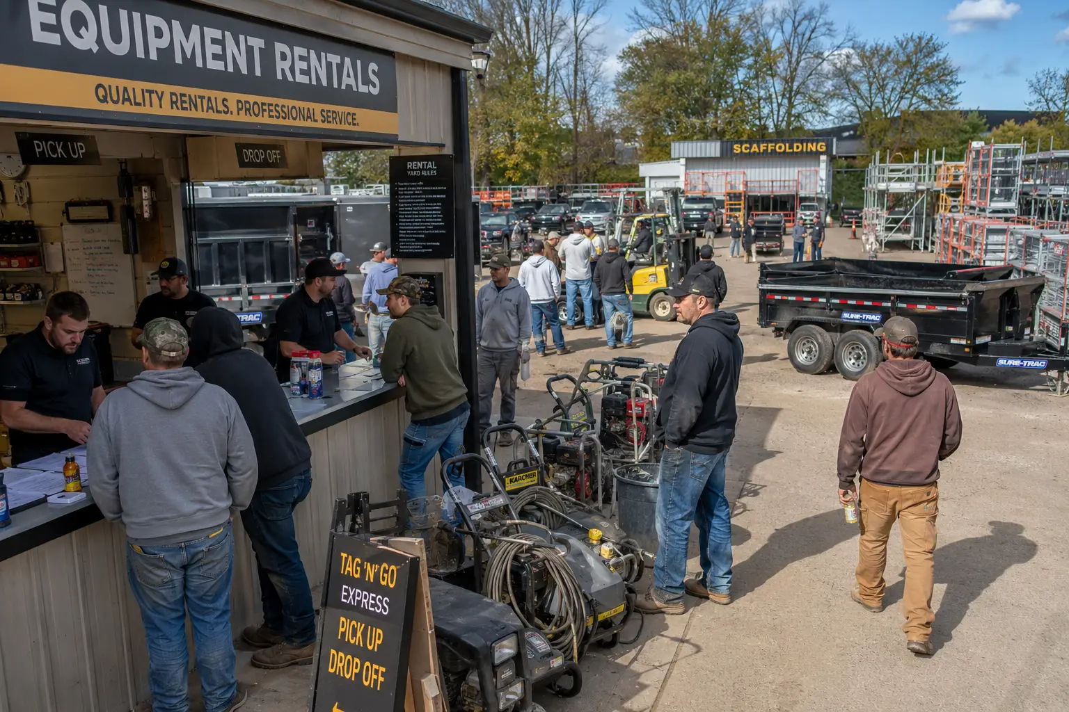 Equipment rental yard staff managing fleet bookings on a busy Saturday morning