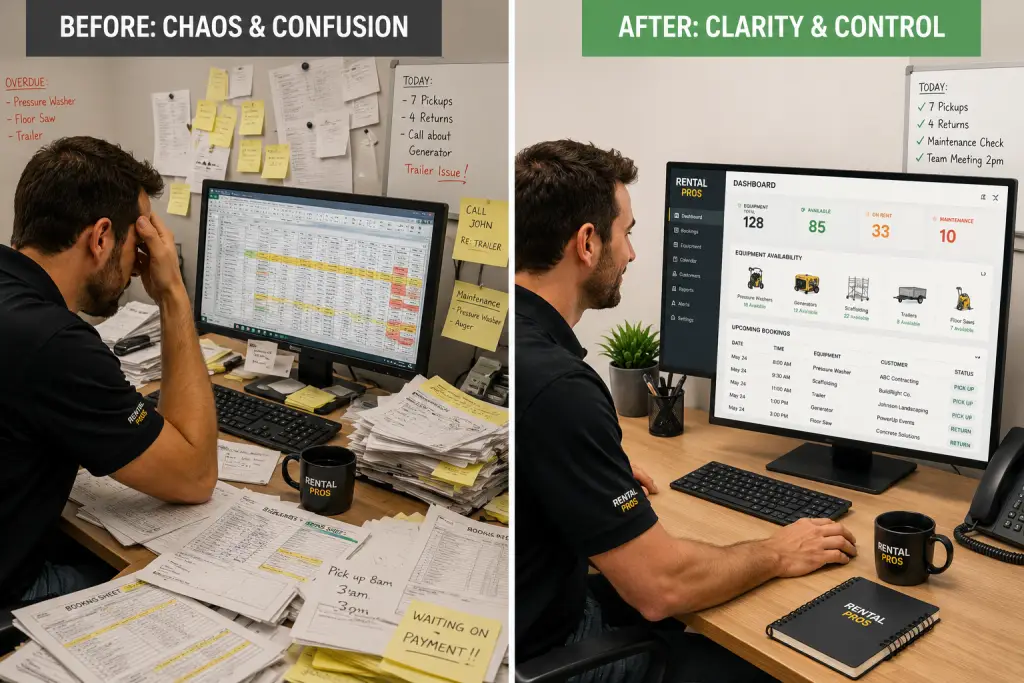 Before and after comparison of manual rental booking process versus automated rental fleet management software