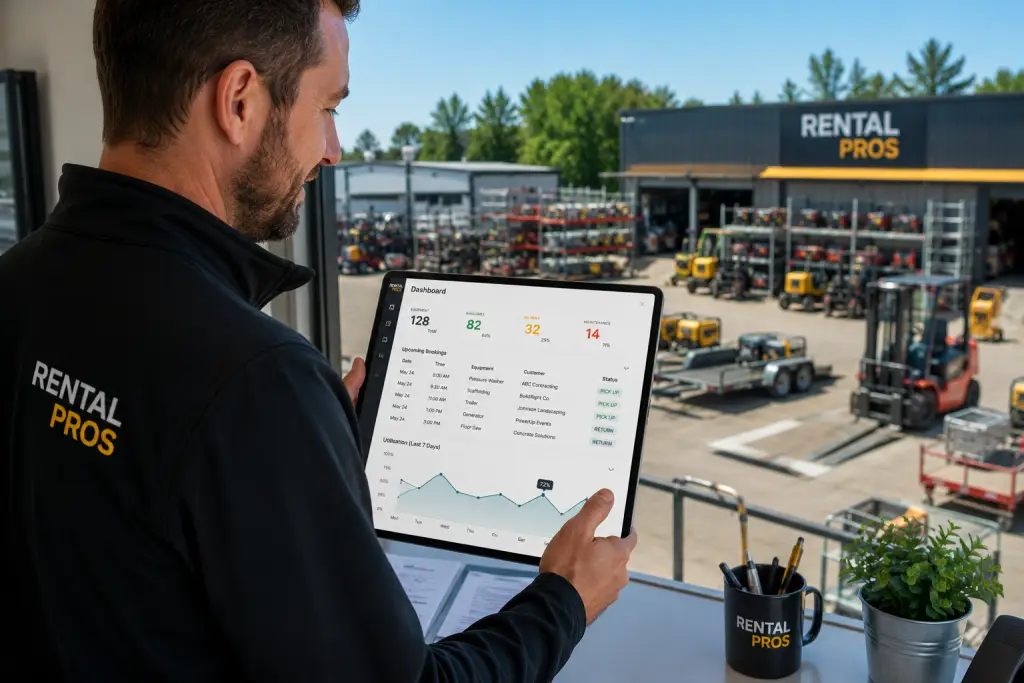 Rental business manager reviewing equipment availability on a tablet using Rentrax fleet management dashboard