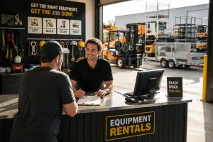 Equipment rental business staff helping customer at counter with organised yard and fleet in background