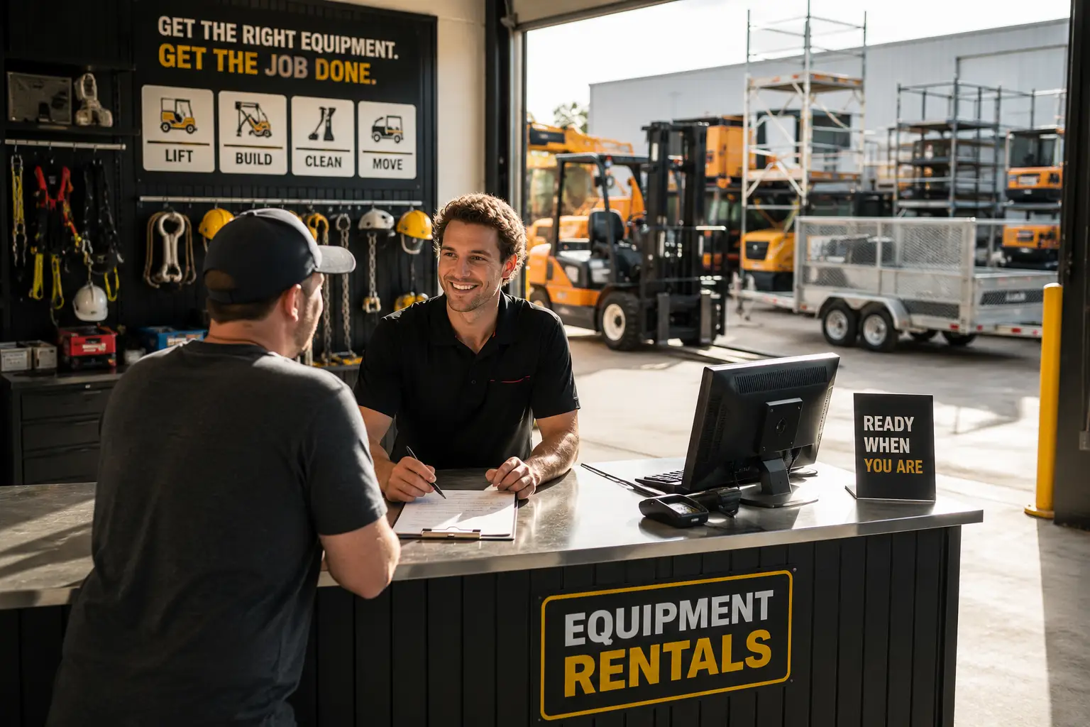 Equipment rental business staff helping customer at counter with organised yard and fleet in background