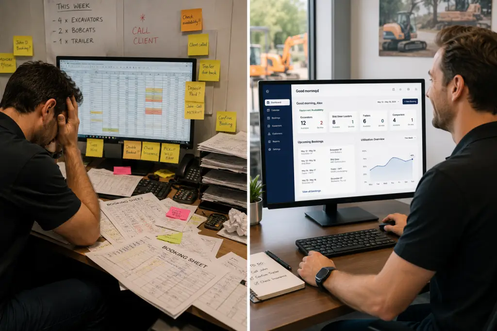 Before and after split screen showing manual rental booking chaos versus clean Rentrax management dashboard