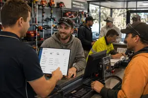 busy rental counter, staff with tablet