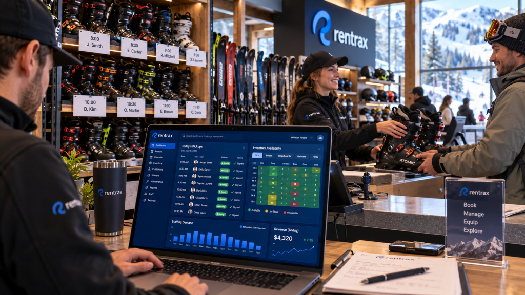 Rentrax ski rental software dashboard booking inventory management